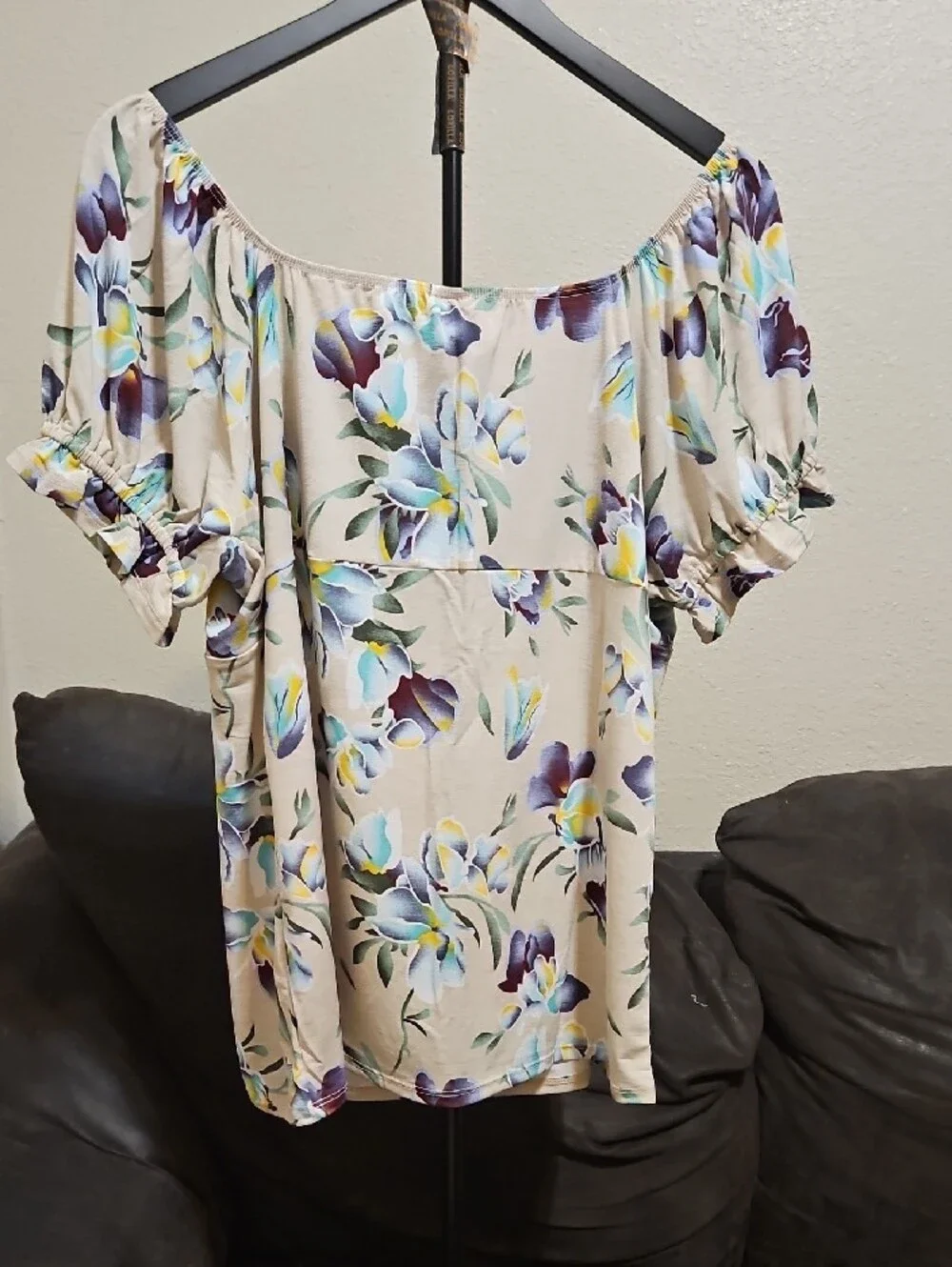 Sew In Love Cream Floral Off-Shoulder Blouse with Purple & Blue Flowers - Picture 5 of 10